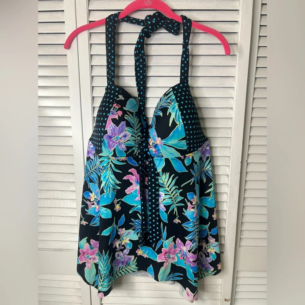 Swimsuit For All Halter Top‎ in Black with Teal Accents Size 20